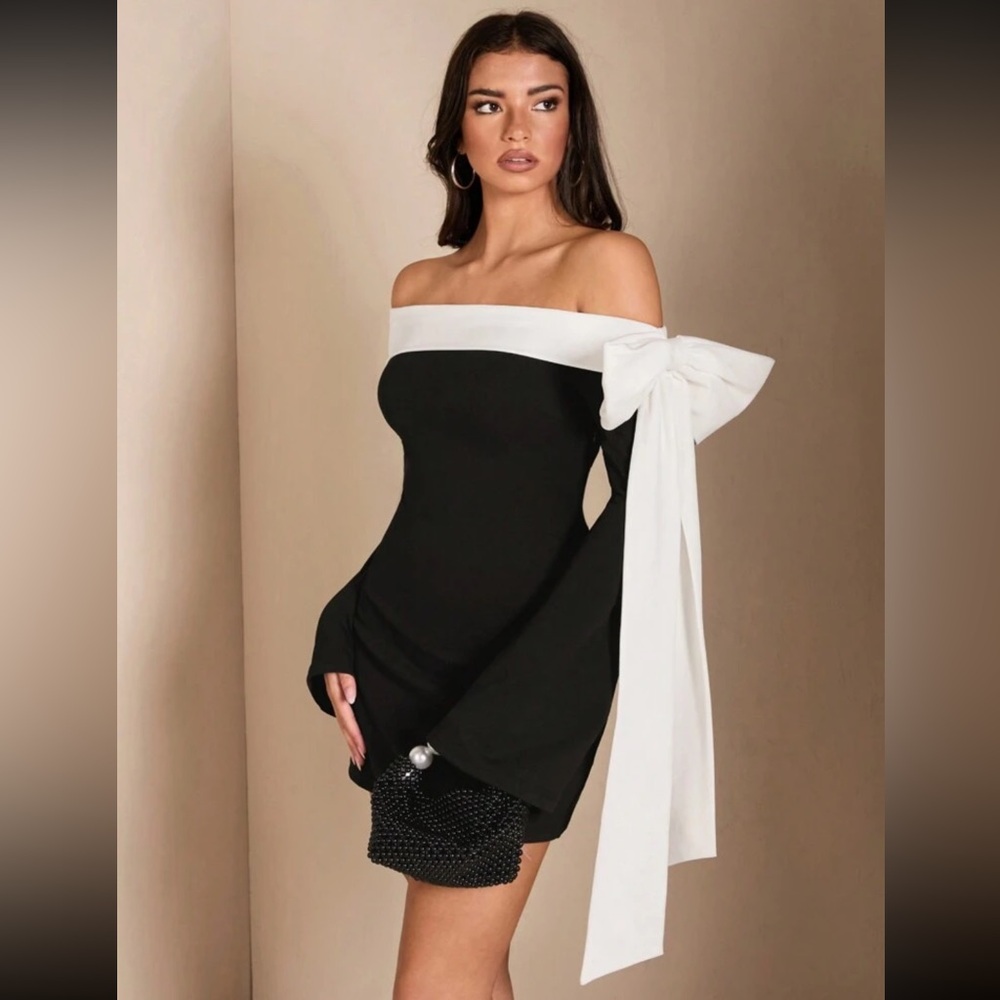 Black & White Bowknot Off-Shoulder Long Sleeve Mini Dress Size Medium NWT - Picture 2 of 10